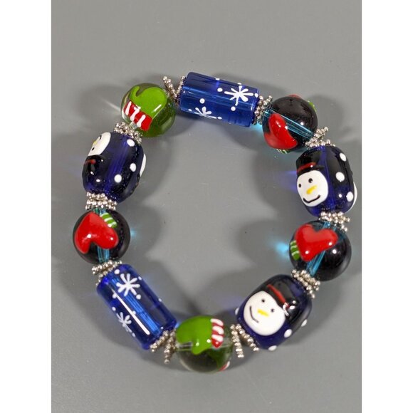 Winter Holiday Glass Stretch Bracelet Blue Green Red Heart Snowman Painted 6.5" - Picture 3 of 8